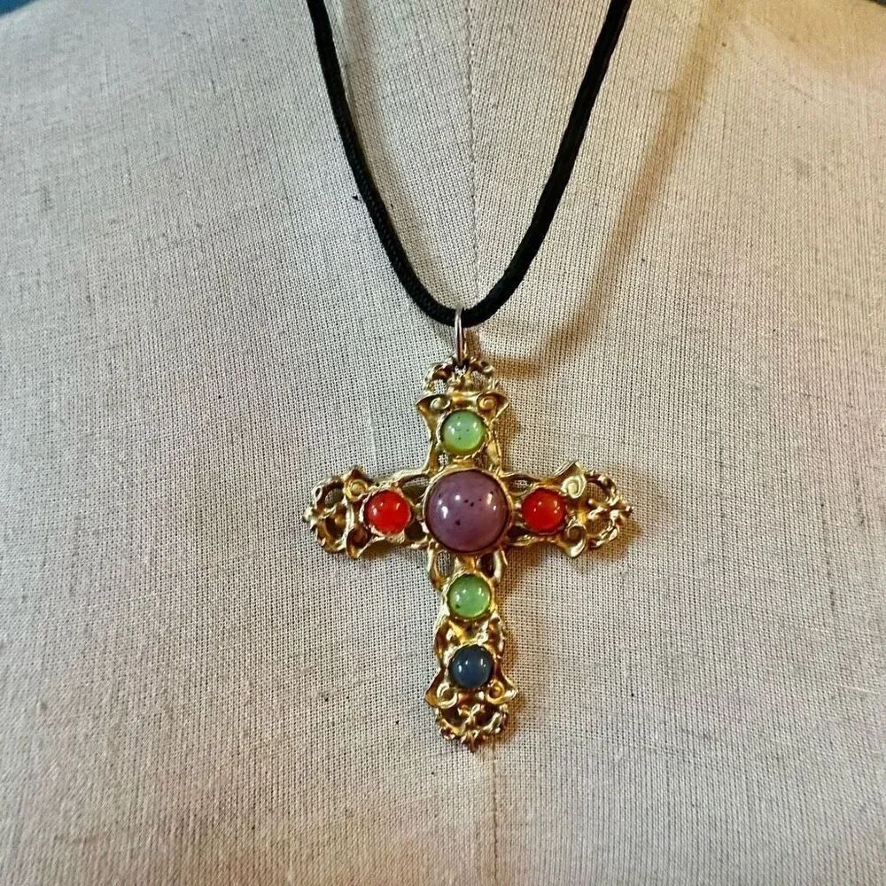 Colorful beaded cross pendant necklace on cord
